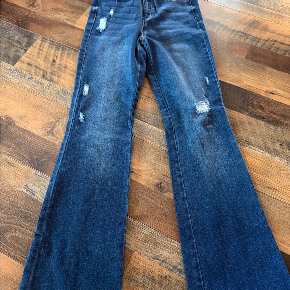 Cello Dark Blue Distressed Flare Jeans